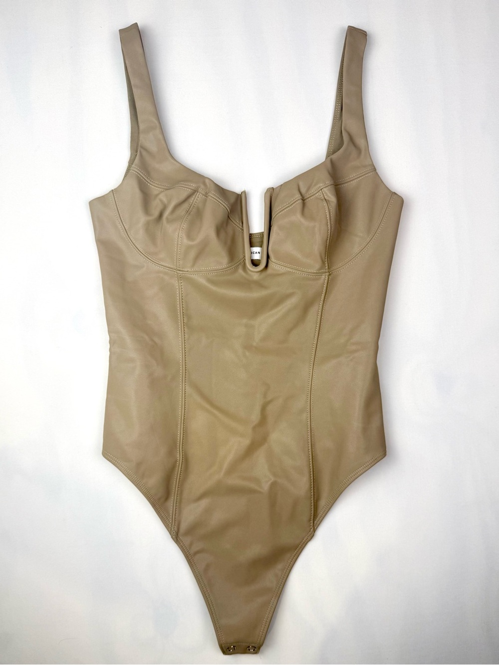 Good American Faux Leather Bodysuit Beige Nude V Bar Tank Top Size 2